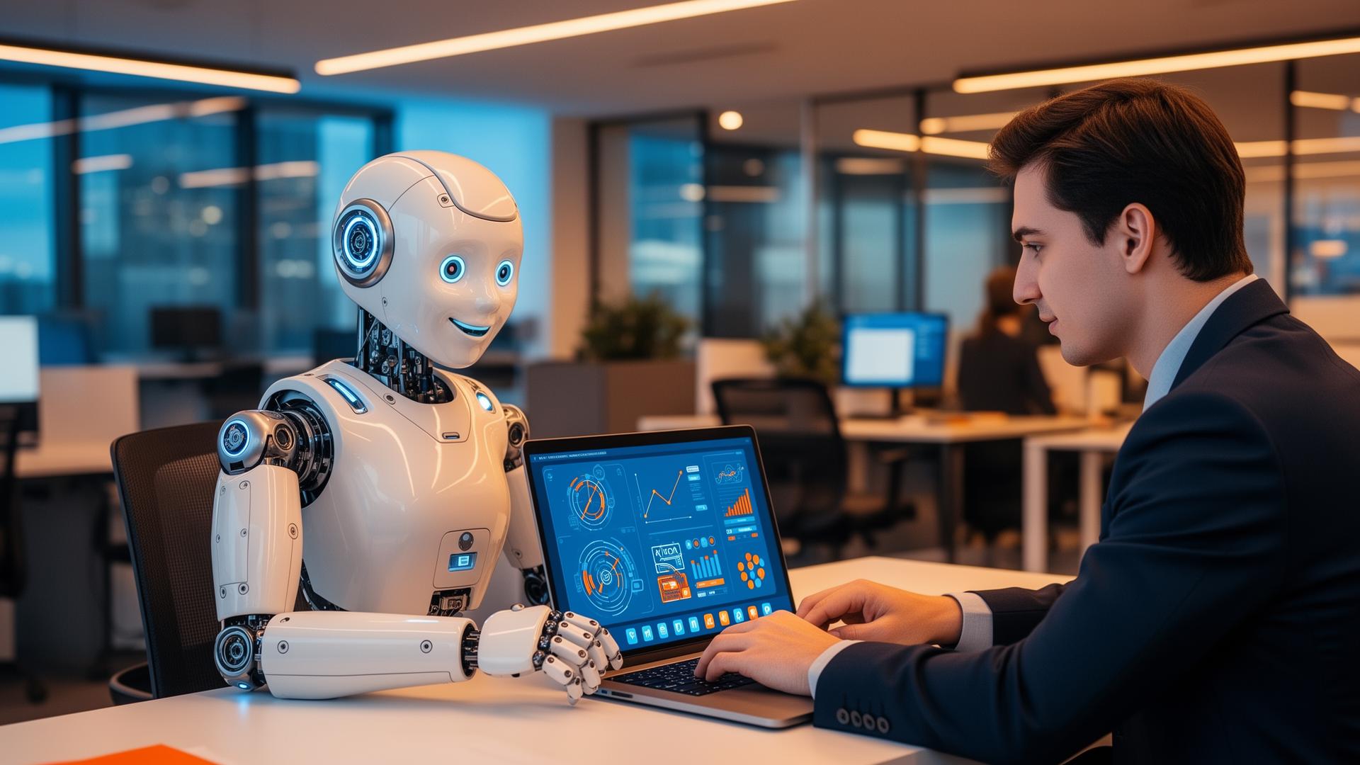 KI-Roboter unterstützt einen Business-Professional bei der digitalen Marketingarbeit am Laptop