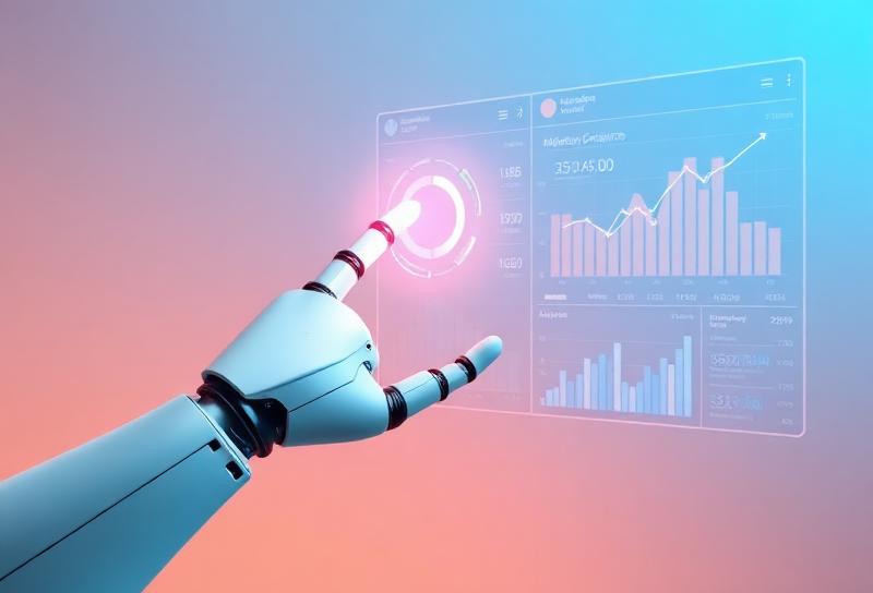 KI-Roboterhand interagiert mit digitalem Marketing-Dashboard